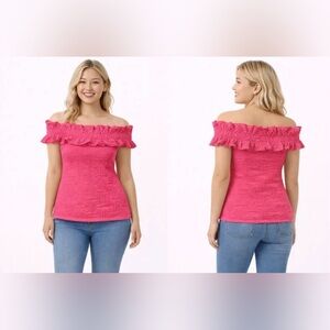 NWT Maeve Anthropologie Pink Ruffle Off The Shoulder Top Blouse Stretchy SZ S